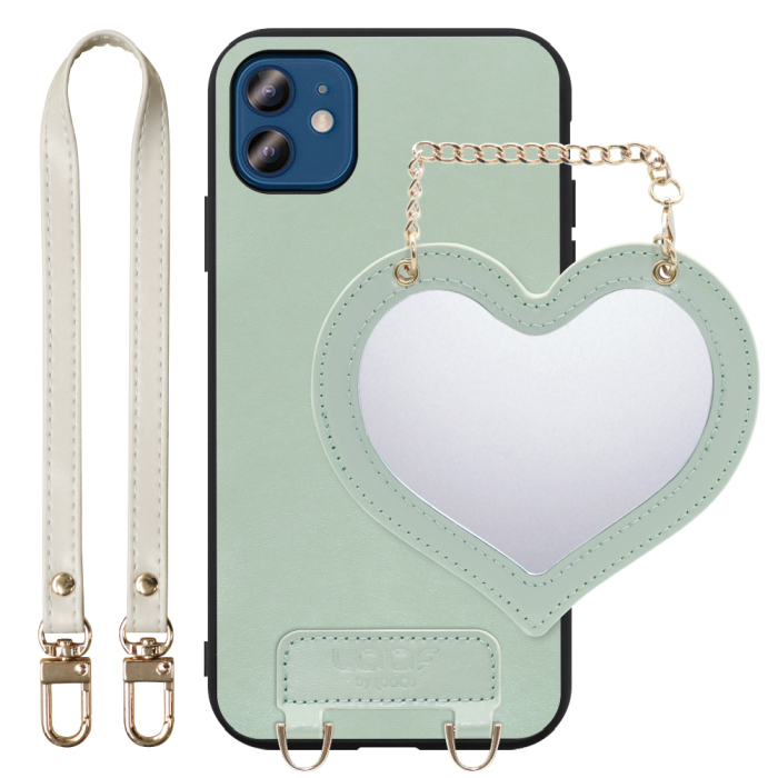 [ LOOF CHARM-SHELL Series ] iPhone 12 / 12 Pro iphone12 iphone12pro 12pro 12プロ スマホケース  ハートのミラーチャーム付き シンプル 背面カバー スマホケース ストラップ付 本革 [ iPhone 12 / 12 Pro ]