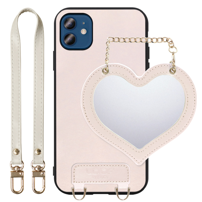 [ LOOF CHARM-SHELL Series ] iPhone 12 / 12 Pro iphone12 iphone12pro 12pro 12プロ スマホケース  ハートのミラーチャーム付き シンプル 背面カバー スマホケース ストラップ付 本革 [ iPhone 12 / 12 Pro ]