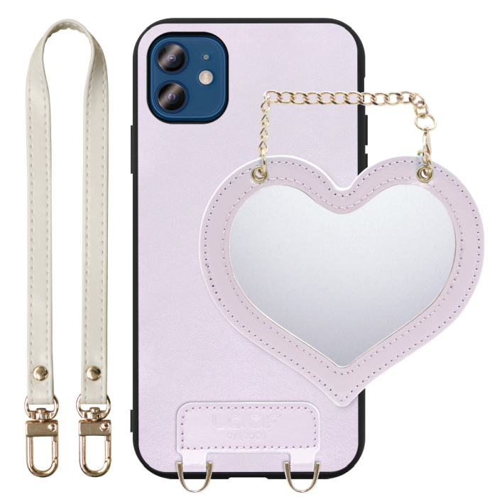 [ LOOF CHARM-SHELL Series ] iPhone 12 / 12 Pro iphone12 iphone12pro 12pro 12プロ スマホケース  ハートのミラーチャーム付き シンプル 背面カバー スマホケース ストラップ付 本革 [ iPhone 12 / 12 Pro ]