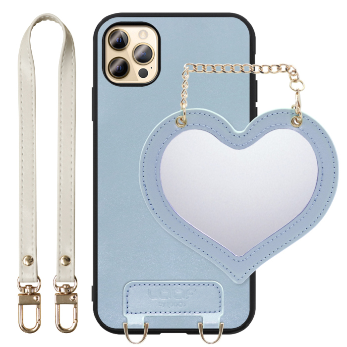 [ LOOF CHARM-SHELL Series ] iPhone 12 Pro Max iphone12promax 12promax 12プロマックス スマホケース  ハートのミラーチャーム付き シンプル 背面カバー スマホケース ストラップ付 本革 [ iPhone 12 Pro Max ]