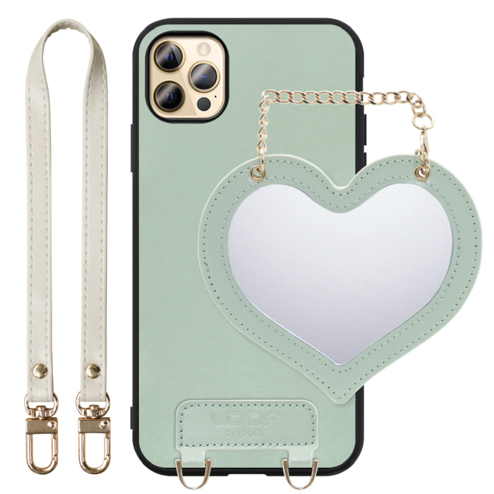 [ LOOF CHARM-SHELL Series ] iPhone 12 Pro Max iphone12promax 12promax 12プロマックス スマホケース  ハートのミラーチャーム付き シンプル 背面カバー スマホケース ストラップ付 本革 [ iPhone 12 Pro Max ]