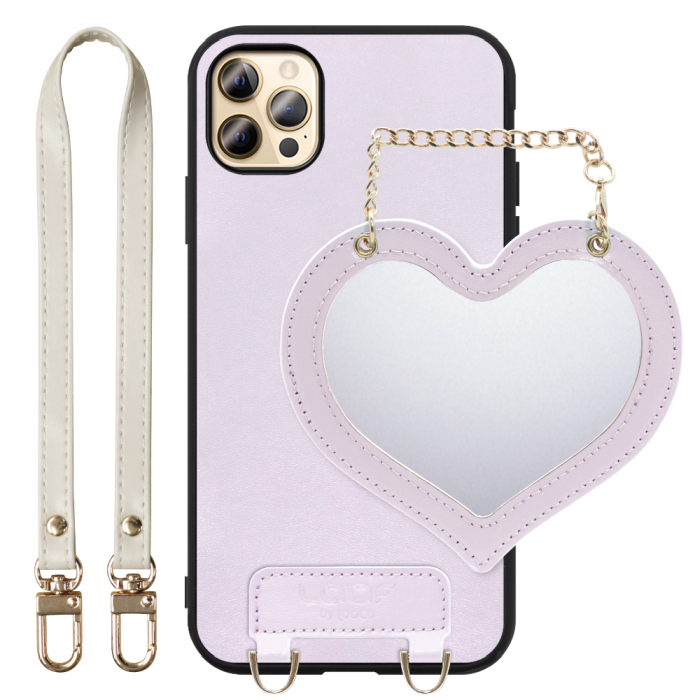 [ LOOF CHARM-SHELL Series ] iPhone 12 Pro Max iphone12promax 12promax 12プロマックス スマホケース  ハートのミラーチャーム付き シンプル 背面カバー スマホケース ストラップ付 本革 [ iPhone 12 Pro Max ]
