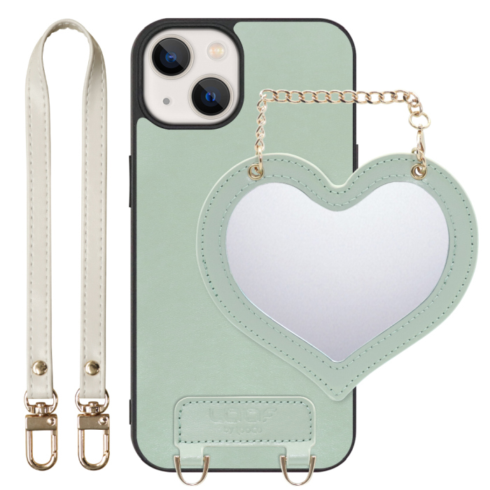 [ LOOF CHARM-SHELL Series ] iPhone 13 mini iphone13mini 13mini ミニ スマホケース  ハートのミラーチャーム付き シンプル 背面カバー スマホケース ストラップ付 本革 [ iPhone 13 mini ]