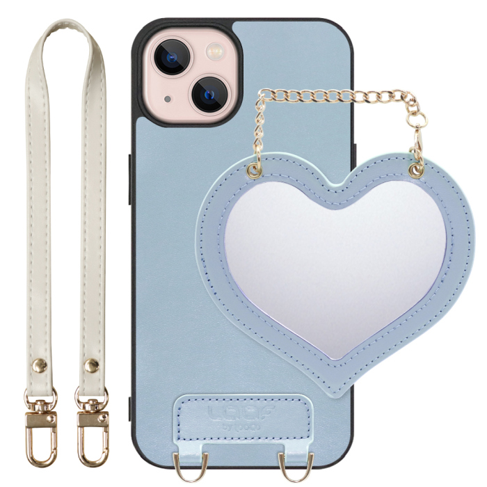 [ LOOF CHARM-SHELL Series ] iPhone 13 iphone13 スマホケース  ハートのミラーチャーム付き シンプル 背面カバー スマホケース ストラップ付 本革 [ iPhone 13 ]