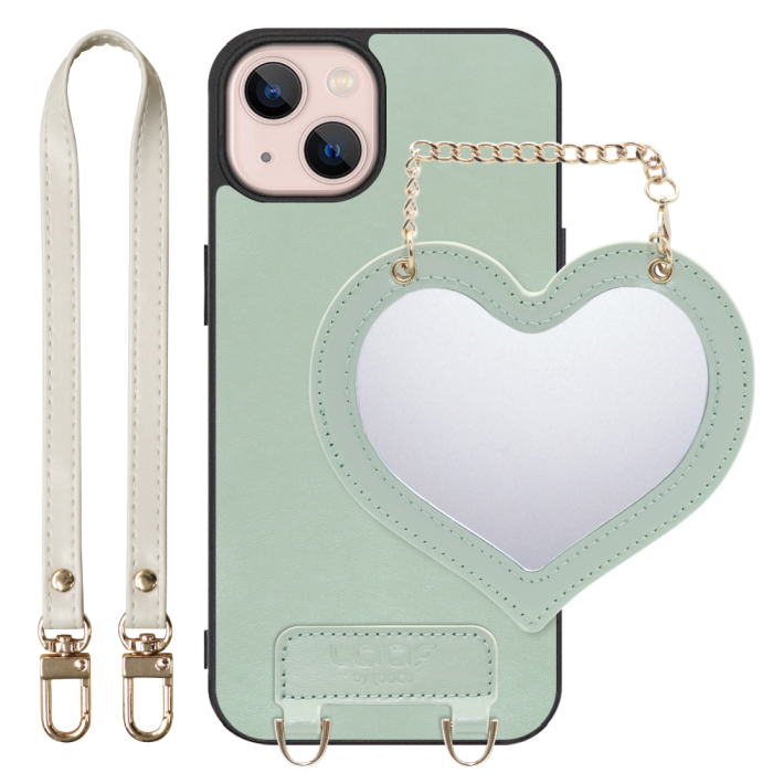 [ LOOF CHARM-SHELL Series ] iPhone 13 iphone13 スマホケース  ハートのミラーチャーム付き シンプル 背面カバー スマホケース ストラップ付 本革 [ iPhone 13 ]