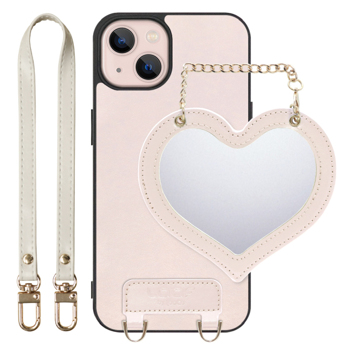 [ LOOF CHARM-SHELL Series ] iPhone 13 iphone13 スマホケース  ハートのミラーチャーム付き シンプル 背面カバー スマホケース ストラップ付 本革 [ iPhone 13 ]