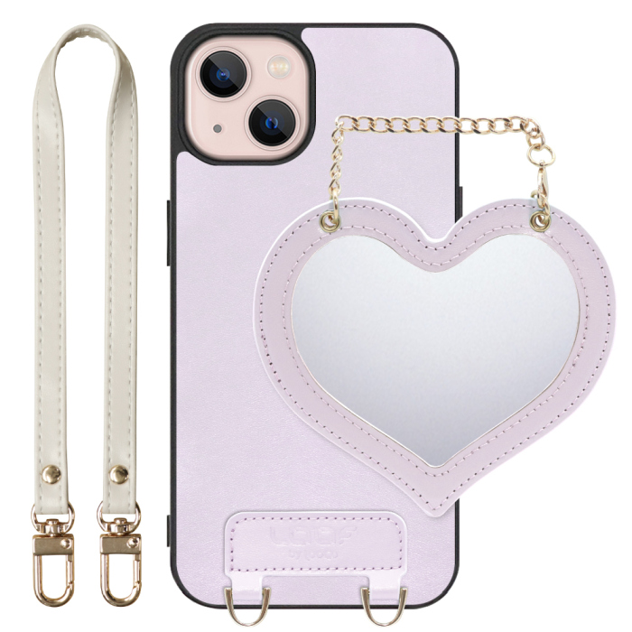 [ LOOF CHARM-SHELL Series ] iPhone 13 iphone13 スマホケース  ハートのミラーチャーム付き シンプル 背面カバー スマホケース ストラップ付 本革 [ iPhone 13 ]