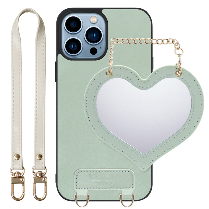 [ LOOF CHARM-SHELL Series ] iPhone 13 Pro iphone13pro 13pro プロ スマホケース  ハートのミラーチャーム付き シンプル 背面カバー スマホケース ストラップ付 本革 [ iPhone 13 Pro ]