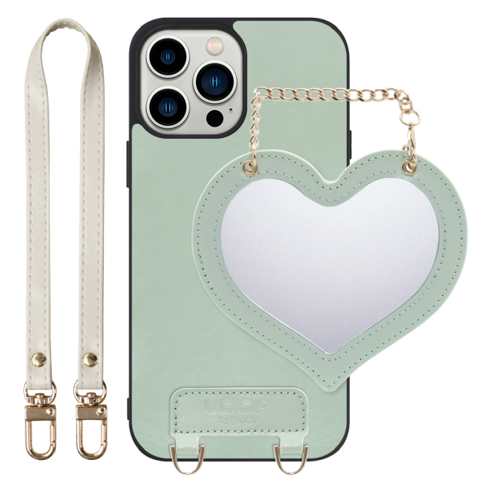 [ LOOF CHARM-SHELL Series ] iPhone 13 Pro Max iphone13promax 13promax promax プロマックス スマホケース  ハートのミラーチャーム付き シンプル 背面カバー スマホケース ストラップ付 本革 [ iPhone 13 Pro Max ]