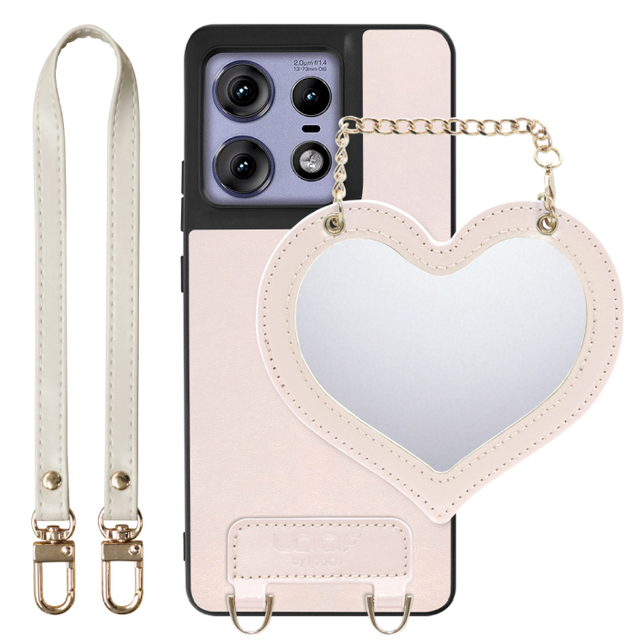 [ LOOF CHARM-SHELL Series ] motorola edge 50 pro / 50s pro  スマホケース  ハートのミラーチャーム付き シンプル 背面カバー スマホケース ストラップ付 本革 [ motorola edge 50 pro / 50s pro ]