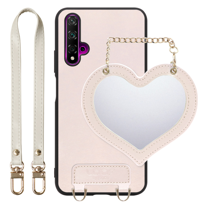 [ LOOF CHARM-SHELL Series ] HUAWEI nova 5T nova5t スマホケース  ハートのミラーチャーム付き シンプル 背面カバー スマホケース ストラップ付 本革 [ HUAWEI nova 5T ]