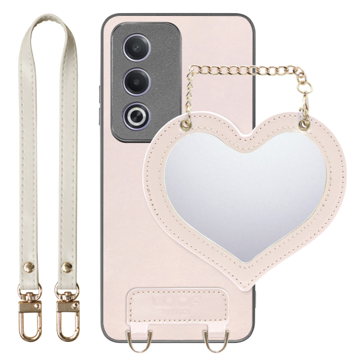 [ LOOF CHARM-SHELL Series ] OPPO A3 5G CPH2639 スマホケース  ハートのミラーチャーム付き シンプル 背面カバー スマホケース ストラップ付 本革 [ OPPO A3 5G ]