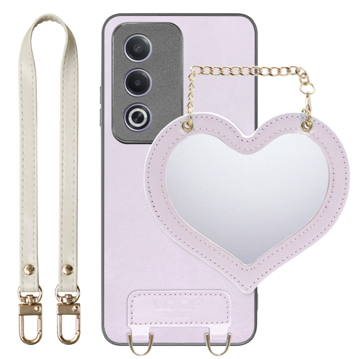 [ LOOF CHARM-SHELL Series ] OPPO A3 5G CPH2639 スマホケース  ハートのミラーチャーム付き シンプル 背面カバー スマホケース ストラップ付 本革 [ OPPO A3 5G ]