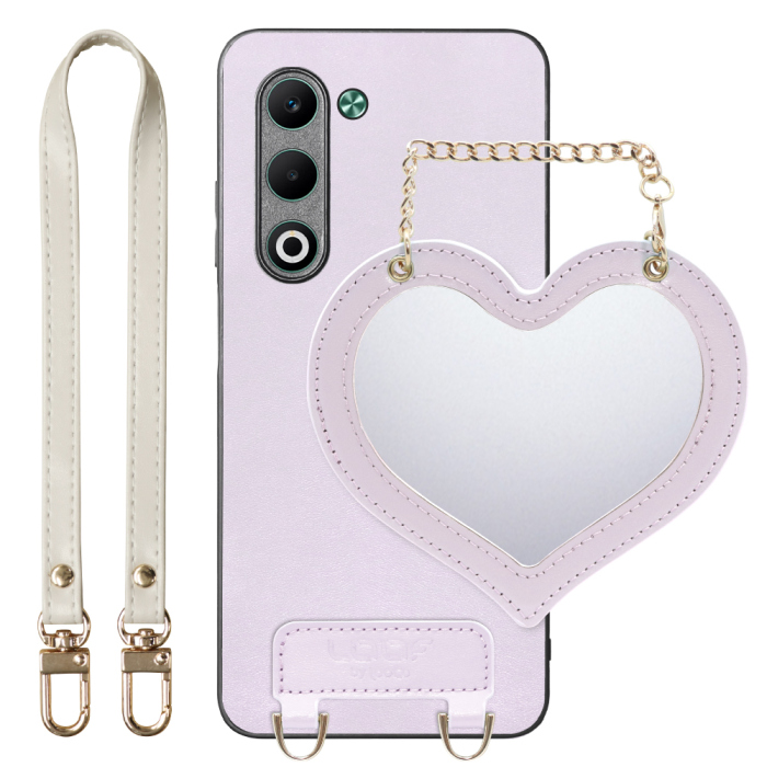 [ LOOF CHARM-SHELL Series ] OPPO A5 5G オッポ CPH2735 スマホケース  ハートのミラーチャーム付き シンプル 背面カバー スマホケース ストラップ付 本革 [ OPPO A5 5G ]