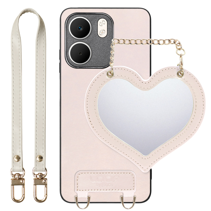 [ LOOF CHARM-SHELL Series ] OPPO A5x オッポ スマホケース  ハートのミラーチャーム付き シンプル 背面カバー スマホケース ストラップ付 本革 [ OPPO A5x 用 ]
