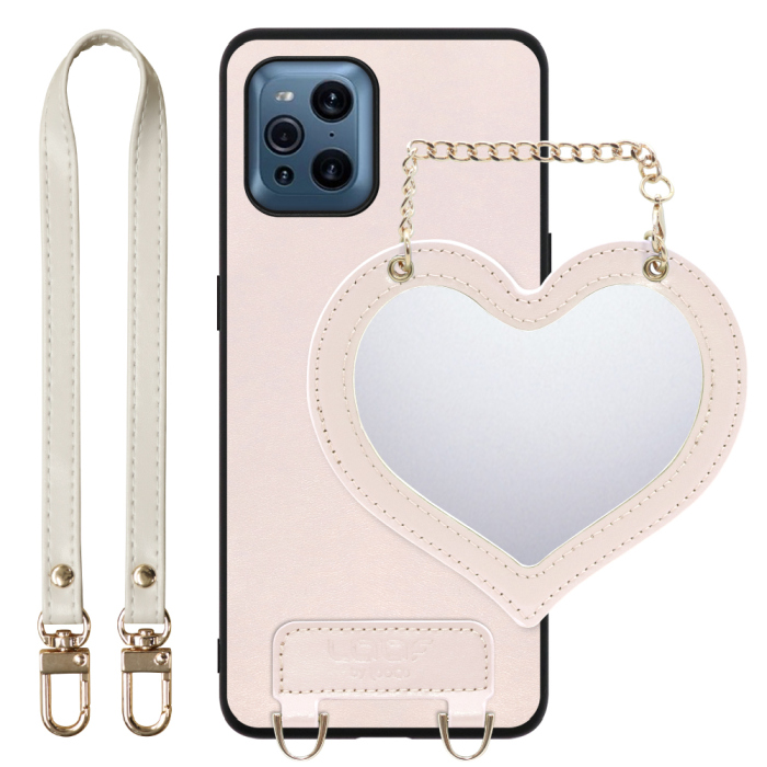 [ LOOF CHARM-SHELL Series ] OPPO Find X3 Pro OPG03 findx3pro x3pro findx3 スマホケース  ハートのミラーチャーム付き シンプル 背面カバー スマホケース ストラップ付 本革 [ OPPO Find X3 Pro ]
