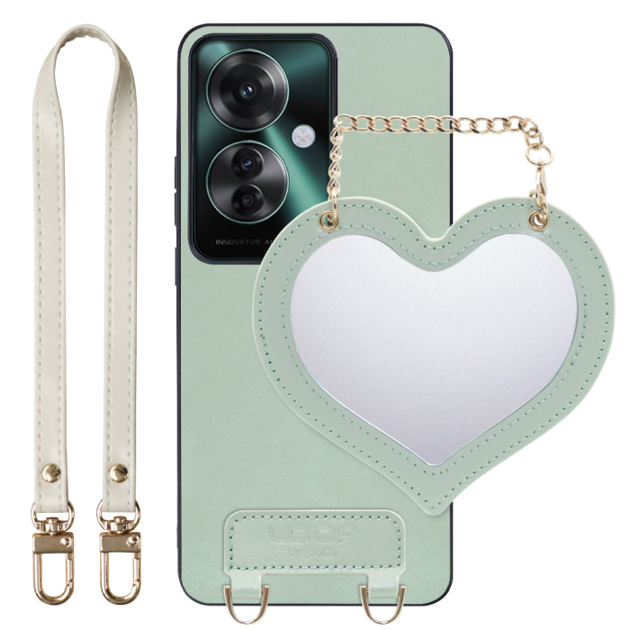 [ LOOF CHARM-SHELL Series ] OPPO Reno11 A  スマホケース  ハートのミラーチャーム付き シンプル 背面カバー スマホケース ストラップ付 本革 [ OPPO Reno11 A ]