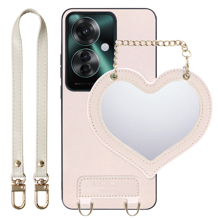[ LOOF CHARM-SHELL Series ] OPPO Reno11 A  スマホケース  ハートのミラーチャーム付き シンプル 背面カバー スマホケース ストラップ付 本革 [ OPPO Reno11 A ]