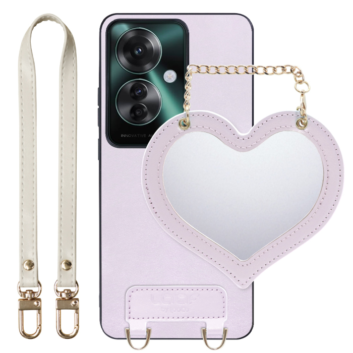 [ LOOF CHARM-SHELL Series ] OPPO Reno11 A  スマホケース  ハートのミラーチャーム付き シンプル 背面カバー スマホケース ストラップ付 本革 [ OPPO Reno11 A ]