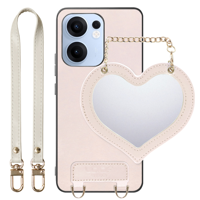 [ LOOF CHARM-SHELL Series ] OPPO Reno13 A  スマホケース  ハートのミラーチャーム付き シンプル 背面カバー スマホケース ストラップ付 本革 [ OPPO Reno13 A ]