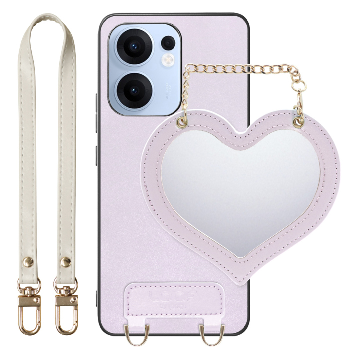 [ LOOF CHARM-SHELL Series ] OPPO Reno13 A  スマホケース  ハートのミラーチャーム付き シンプル 背面カバー スマホケース ストラップ付 本革 [ OPPO Reno13 A ]