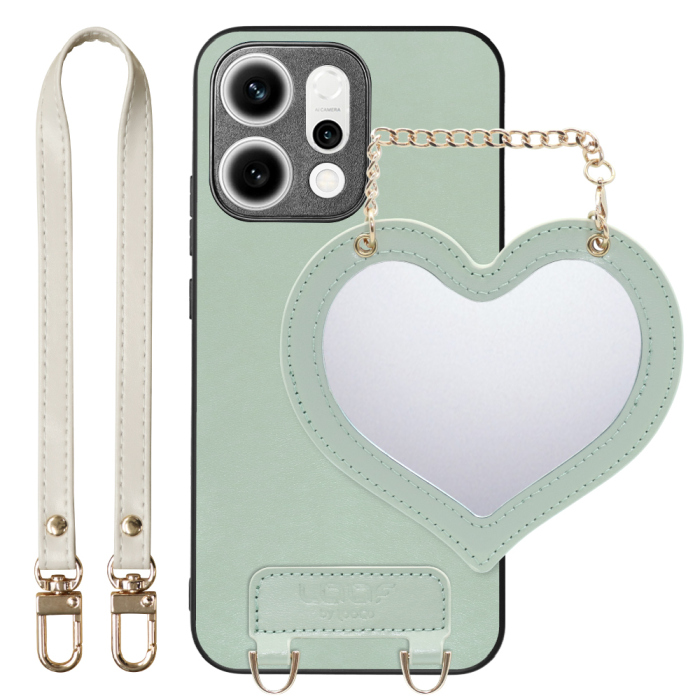 [ LOOF CHARM-SHELL Series ] OPPO Reno14 5G  スマホケース  ハートのミラーチャーム付き シンプル 背面カバー スマホケース ストラップ付 本革 [ OPPO Reno14 5G ]