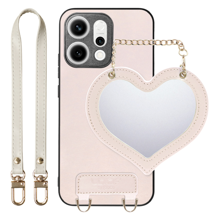 [ LOOF CHARM-SHELL Series ] OPPO Reno14 5G  スマホケース  ハートのミラーチャーム付き シンプル 背面カバー スマホケース ストラップ付 本革 [ OPPO Reno14 5G ]