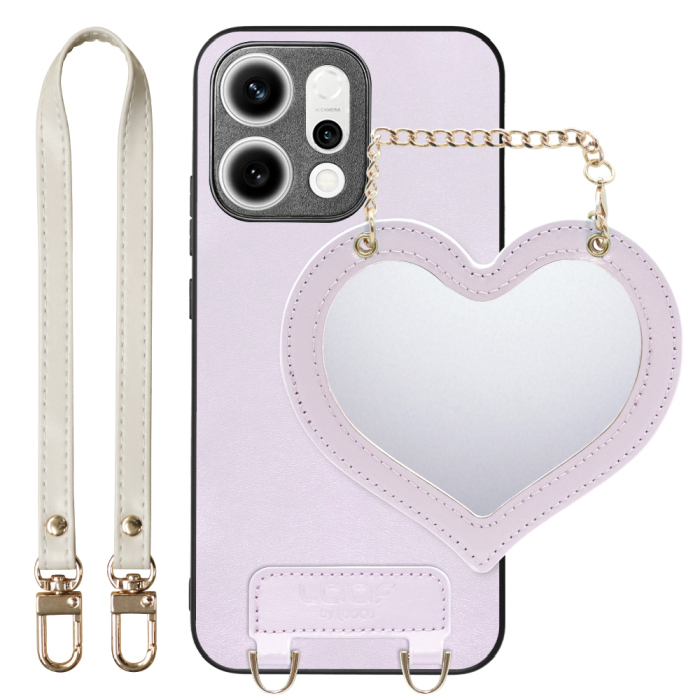 [ LOOF CHARM-SHELL Series ] OPPO Reno14 5G  スマホケース  ハートのミラーチャーム付き シンプル 背面カバー スマホケース ストラップ付 本革 [ OPPO Reno14 5G ]