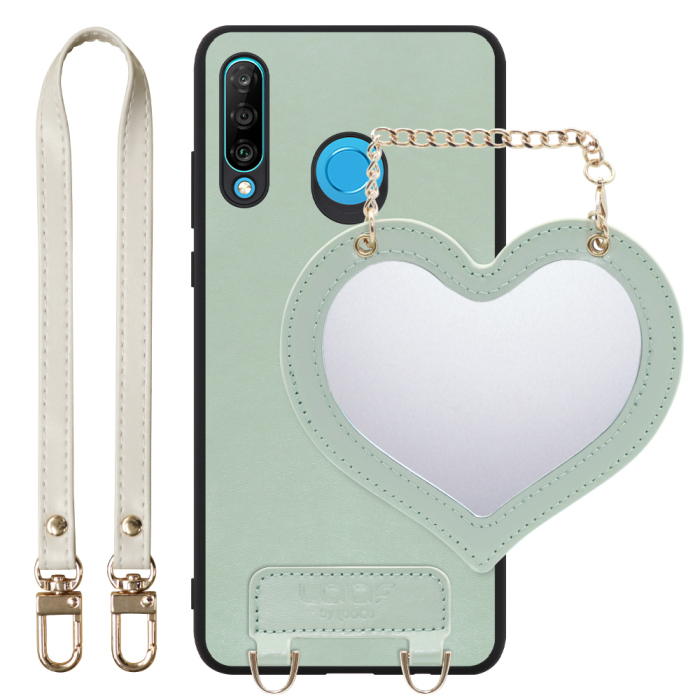 [ LOOF CHARM-SHELL Series ] HUAWEI P30 lite / P30 lite Premium p30lite p30litepremium スマホケース  ハートのミラーチャーム付き シンプル 背面カバー スマホケース ストラップ付 本革 [ HUAWEI P30 lite / lite Premium ]