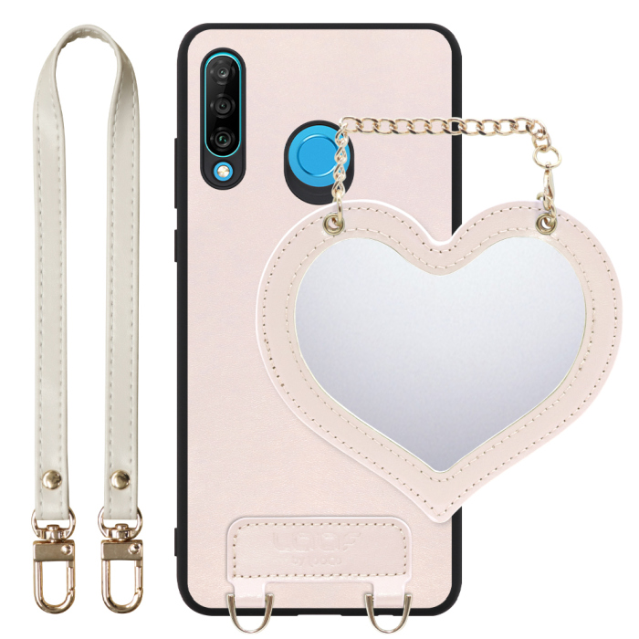 [ LOOF CHARM-SHELL Series ] HUAWEI P30 lite / P30 lite Premium p30lite p30litepremium スマホケース  ハートのミラーチャーム付き シンプル 背面カバー スマホケース ストラップ付 本革 [ HUAWEI P30 lite / lite Premium ]