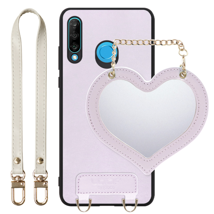 [ LOOF CHARM-SHELL Series ] HUAWEI P30 lite / P30 lite Premium p30lite p30litepremium スマホケース  ハートのミラーチャーム付き シンプル 背面カバー スマホケース ストラップ付 本革 [ HUAWEI P30 lite / lite Premium ]