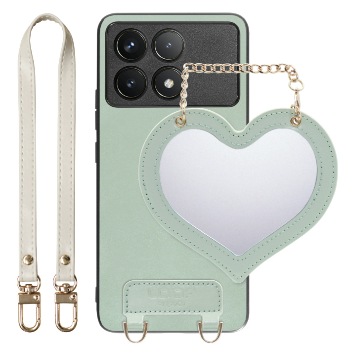 [ LOOF CHARM-SHELL Series ] POCO F6 Pro  スマホケース  ハートのミラーチャーム付き シンプル 背面カバー スマホケース ストラップ付 本革 [ POCO F6 Pro ]