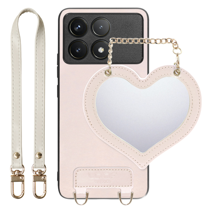 [ LOOF CHARM-SHELL Series ] POCO F6 Pro  スマホケース  ハートのミラーチャーム付き シンプル 背面カバー スマホケース ストラップ付 本革 [ POCO F6 Pro ]