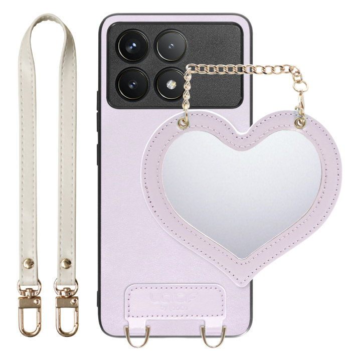 [ LOOF CHARM-SHELL Series ] POCO F6 Pro  スマホケース  ハートのミラーチャーム付き シンプル 背面カバー スマホケース ストラップ付 本革 [ POCO F6 Pro ]