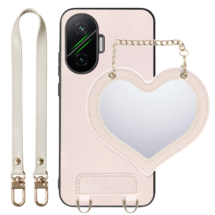 [ LOOF CHARM-SHELL Series ] POCO F7 Xiaomi シャオミ スマホケース  ハートのミラーチャーム付き シンプル 背面カバー スマホケース ストラップ付 本革 [ POCO F7 ]