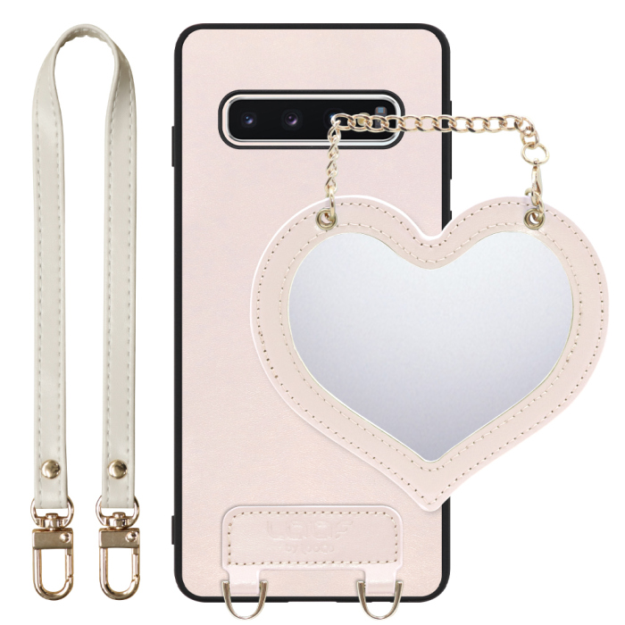 [ LOOF CHARM-SHELL Series ] Galaxy S10 SC-03L / SCV41 galaxys10 スマホケース  ハートのミラーチャーム付き シンプル 背面カバー スマホケース ストラップ付 本革 [ Galaxy S10 ]