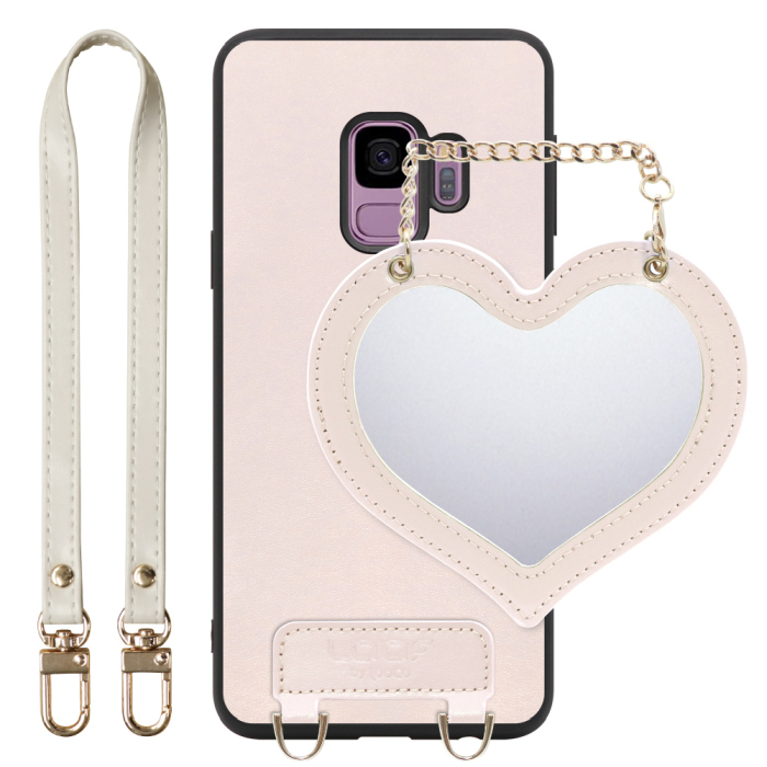 [ LOOF CHARM-SHELL Series ] Galaxy S9 SC-02K / SCV38 galaxys9 スマホケース  ハートのミラーチャーム付き シンプル 背面カバー スマホケース ストラップ付 本革 [ Galaxy S9 ]
