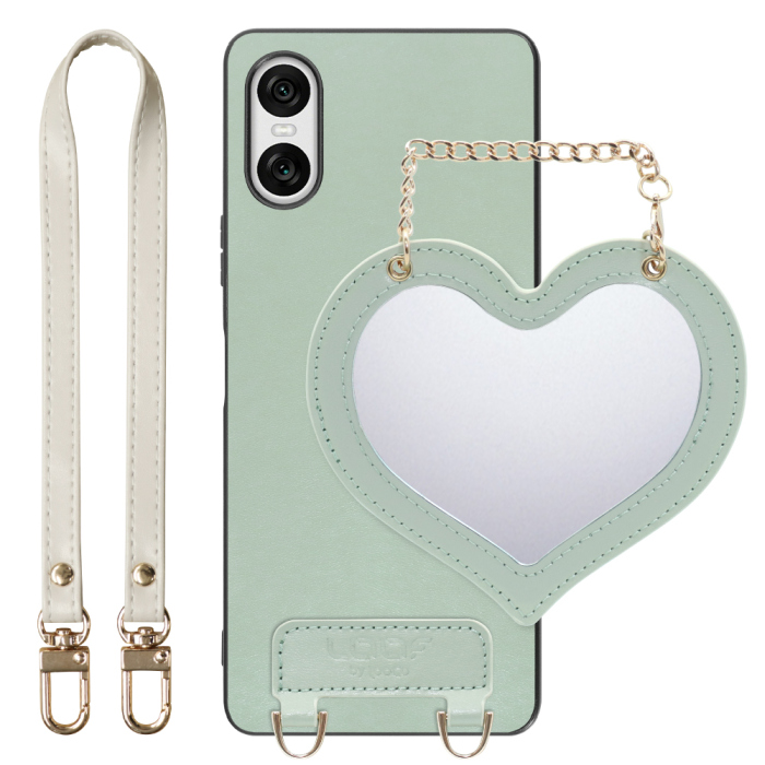 [ LOOF CHARM-SHELL Series ] Xperia 10 VI  スマホケース  ハートのミラーチャーム付き シンプル 背面カバー スマホケース ストラップ付 本革 [ Xperia 10 VI ]
