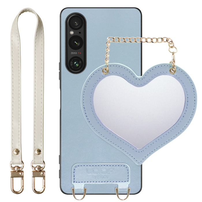 [ LOOF CHARM-SHELL Series ] Xperia 1 V 1V xperia1V スマホケース  ハートのミラーチャーム付き シンプル 背面カバー スマホケース ストラップ付 本革 [ Xperia 1 V ]