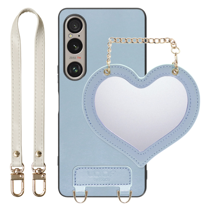 [ LOOF CHARM-SHELL Series ] Xperia 1 VI  スマホケース  ハートのミラーチャーム付き シンプル 背面カバー スマホケース ストラップ付 本革 [ Xperia 1 VI ]