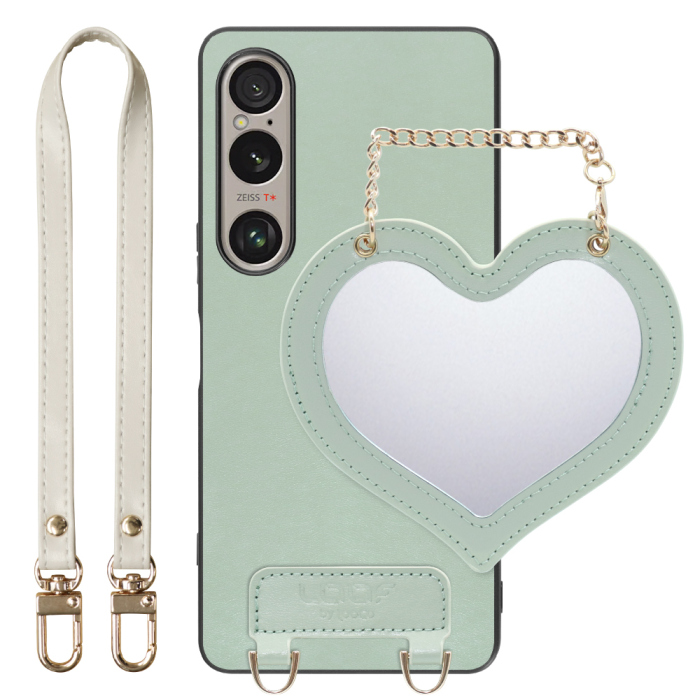 [ LOOF CHARM-SHELL Series ] Xperia 1 VI  スマホケース  ハートのミラーチャーム付き シンプル 背面カバー スマホケース ストラップ付 本革 [ Xperia 1 VI ]