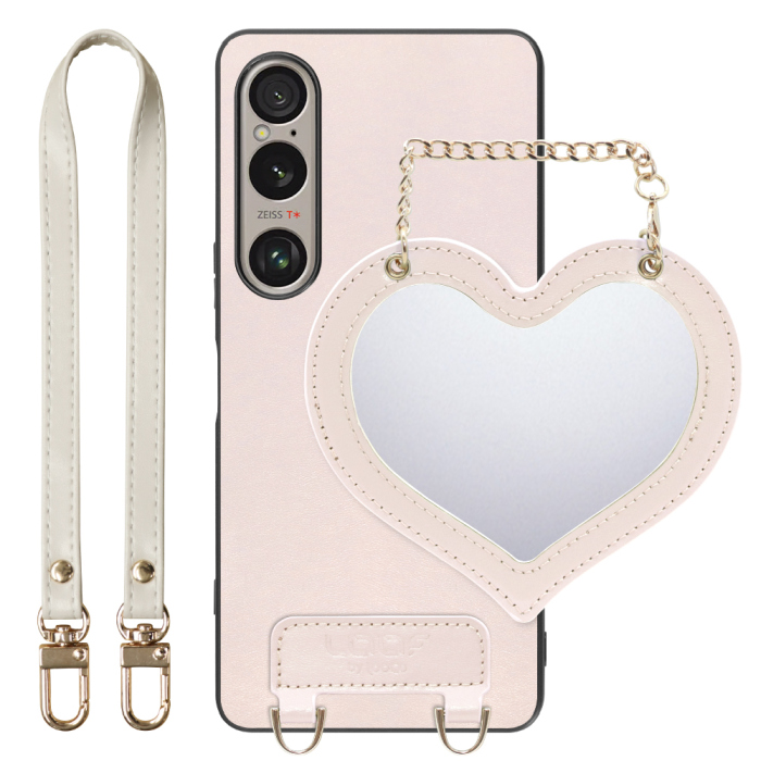 [ LOOF CHARM-SHELL Series ] Xperia 1 VI  スマホケース  ハートのミラーチャーム付き シンプル 背面カバー スマホケース ストラップ付 本革 [ Xperia 1 VI ]