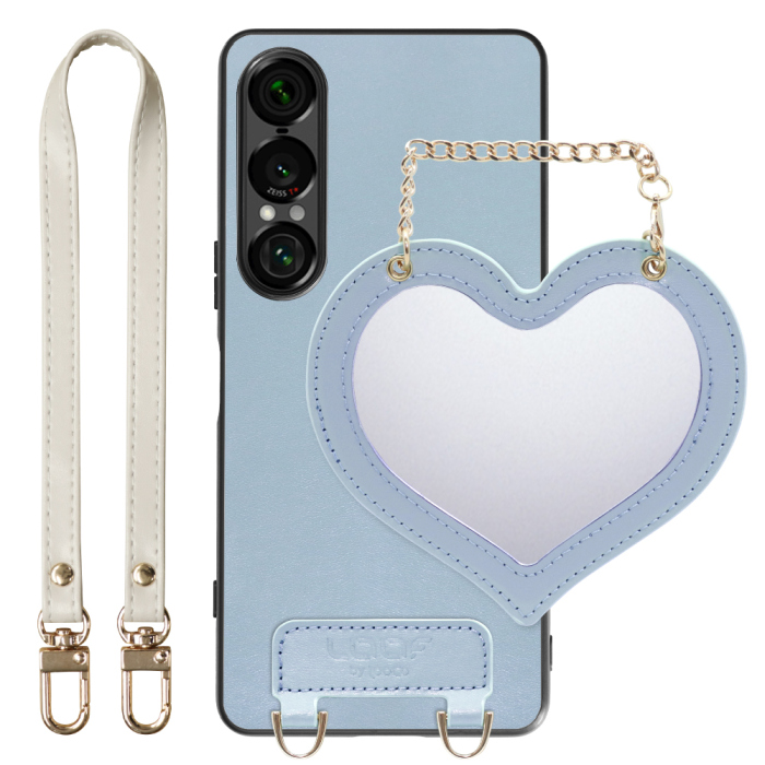 [ LOOF CHARM-SHELL Series ] Xperia 1 VII SO-51F スマホケース  ハートのミラーチャーム付き シンプル 背面カバー スマホケース ストラップ付 本革 [ Xperia 1 VII ]