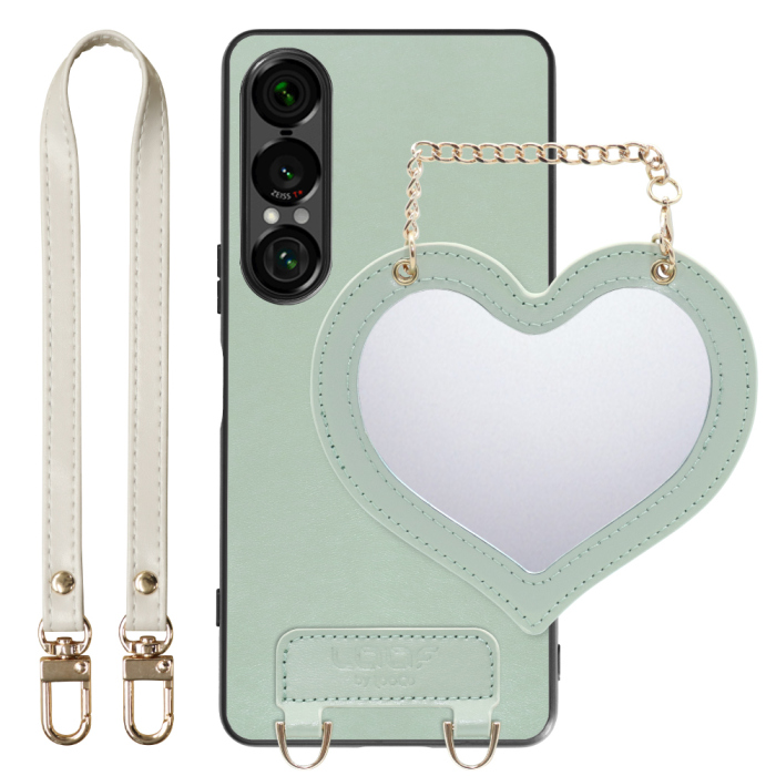 [ LOOF CHARM-SHELL Series ] Xperia 1 VII SO-51F スマホケース  ハートのミラーチャーム付き シンプル 背面カバー スマホケース ストラップ付 本革 [ Xperia 1 VII ]