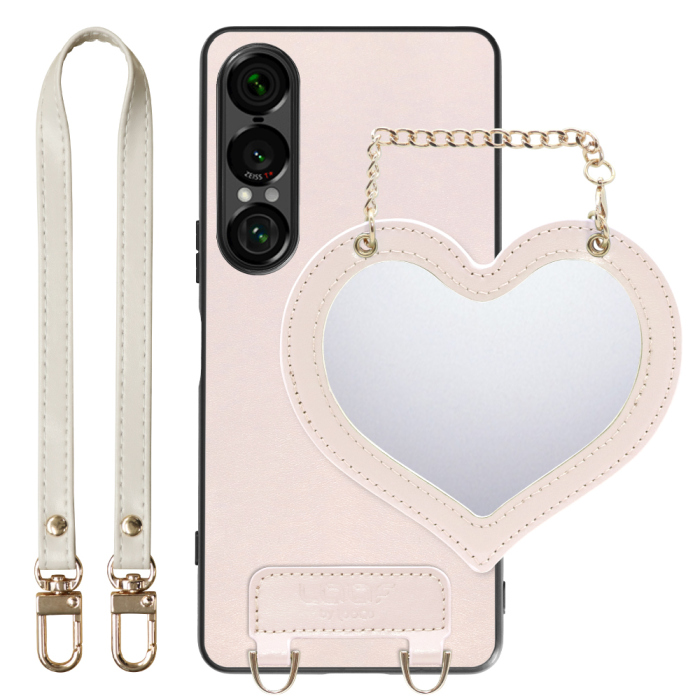 [ LOOF CHARM-SHELL Series ] Xperia 1 VII SO-51F スマホケース  ハートのミラーチャーム付き シンプル 背面カバー スマホケース ストラップ付 本革 [ Xperia 1 VII ]