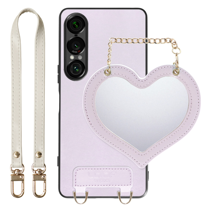 [ LOOF CHARM-SHELL Series ] Xperia 1 VII SO-51F スマホケース  ハートのミラーチャーム付き シンプル 背面カバー スマホケース ストラップ付 本革 [ Xperia 1 VII ]
