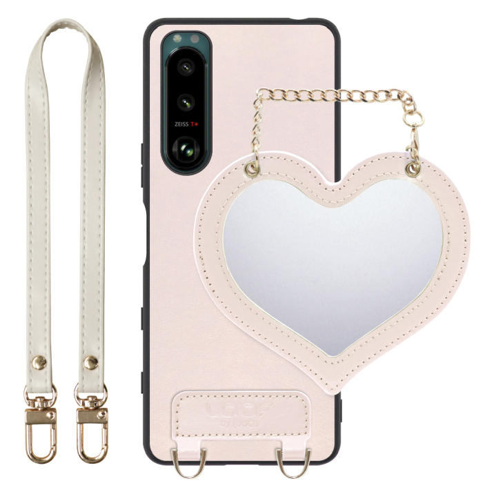 [ LOOF CHARM-SHELL Series ] Xperia 5 III  Xperia5Ⅲ 5Ⅲ xperia5 スマホケース  ハートのミラーチャーム付き シンプル 背面カバー スマホケース ストラップ付 本革 [ Xperia 5 III ]