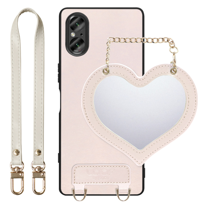 [ LOOF CHARM-SHELL Series ] Xperia 5 V SO-53D / SOG12 5V Xperia5V スマホケース  ハートのミラーチャーム付き シンプル 背面カバー スマホケース ストラップ付 本革 [ Xperia 5 V ]