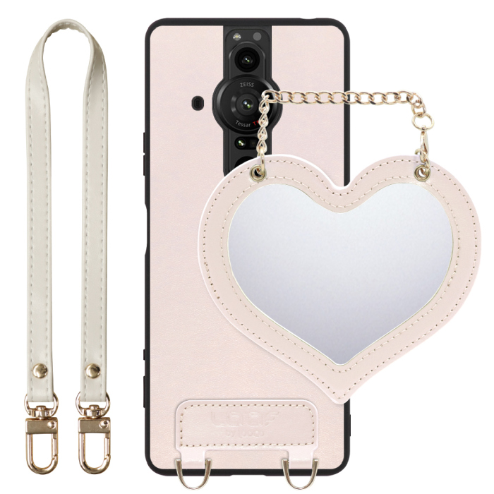 [ LOOF CHARM-SHELL Series ] Xperia PRO-I XQ-BE42 proi xperiaproi スマホケース  ハートのミラーチャーム付き シンプル 背面カバー スマホケース ストラップ付 本革 [ Xperia PRO-I ]