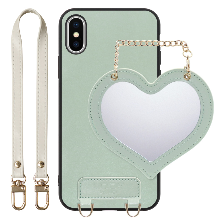 [ LOOF CHARM-SHELL Series ] iPhone X / XS iPhonex iPhonexs スマホケース  ハートのミラーチャーム付き シンプル 背面カバー スマホケース ストラップ付 本革 [ iPhone X / XS ]
